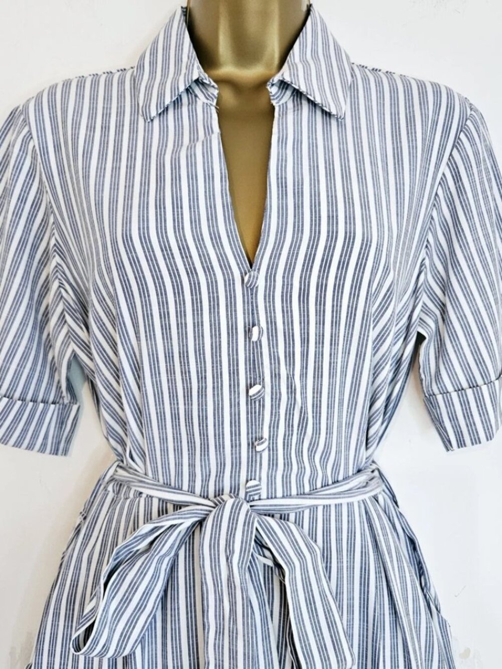 Striped Button Front Belted Blue White Midi Shirt Dress - Picture 3 of 5